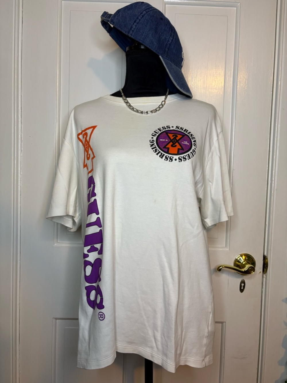 Men’s Vintage Guess White Tee with Red and Purple Graphics